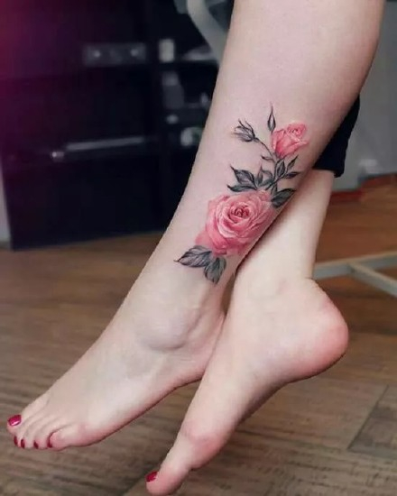美女小腿玫瑰花纹身图片第1张