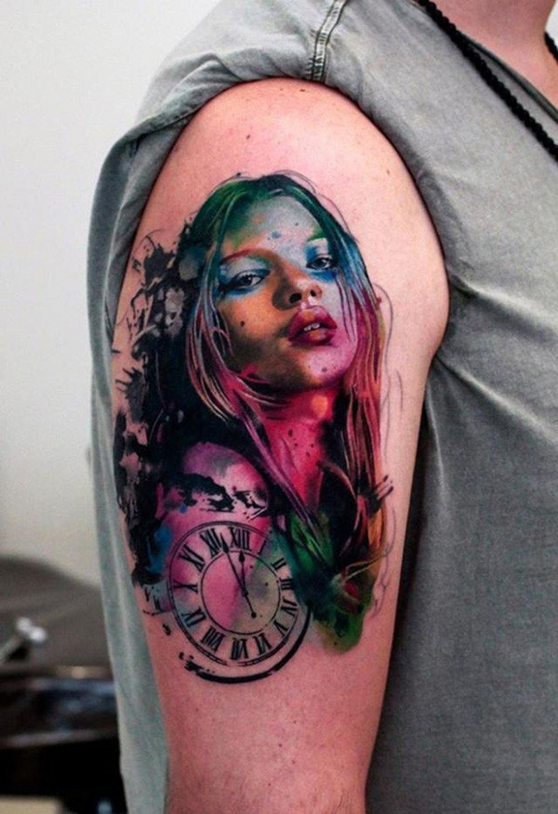 手臂欧美女人肖像纹身图案第1张
