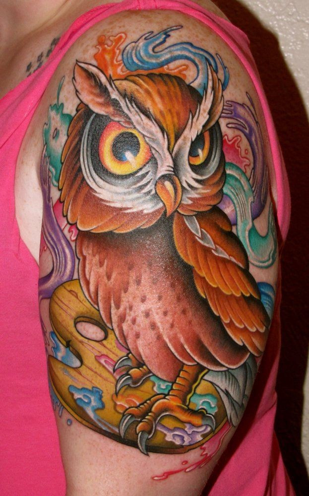 手臂猫头鹰纹身图案第1张