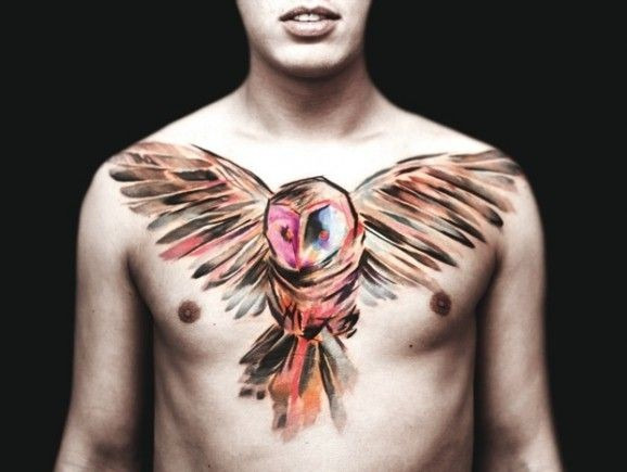 水彩猫头鹰胸前纹身图案第1张