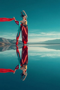 于山川河流上起舞谈琵琶的古装红衣美女古风大气写真图片
